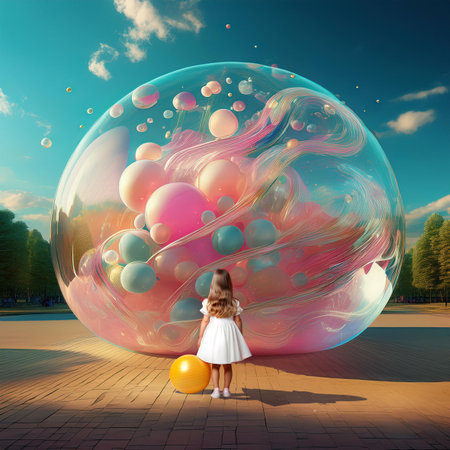 Little girl in a white dress stands on the background of a large ball of soap.の素材