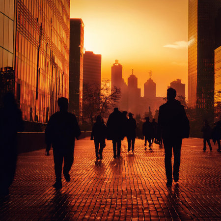 Silhouettes of people walking on the road in the city at sunsetの素材
