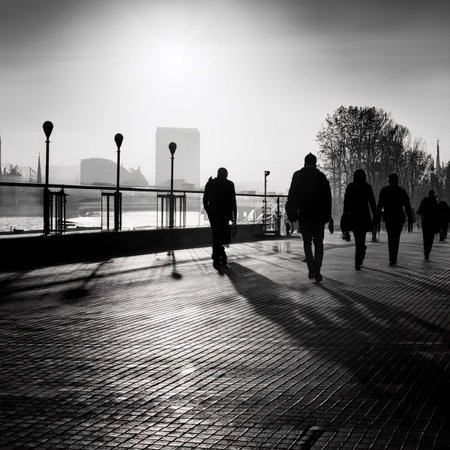 Silhouette of a group of people walking along the embankment at sunsetの素材