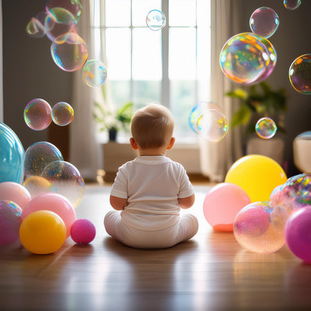 Cute little baby boy playing with soap bubbles at home. Happy child having fun with colorful bubbles. Early childhood conceptの素材