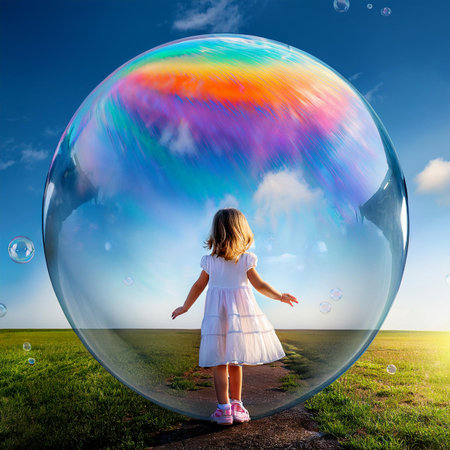 little girl in a white dress with a rainbow in a soap bubbleの素材