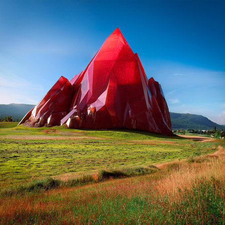 3D render of a red rock in a meadow with grass and blue skyの素材