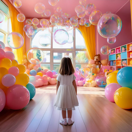 Adorable little girl playing with colorful balloons in children's room at homeの素材