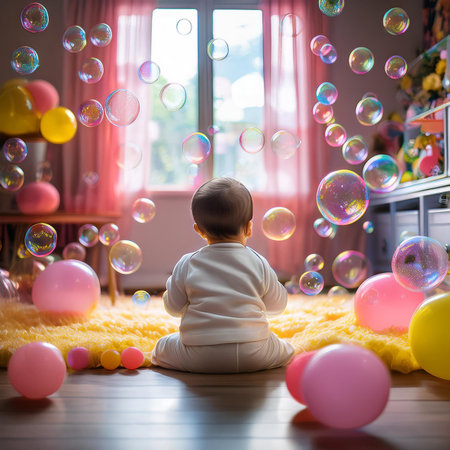 Cute little girl playing with soap bubbles in the room at homeの素材