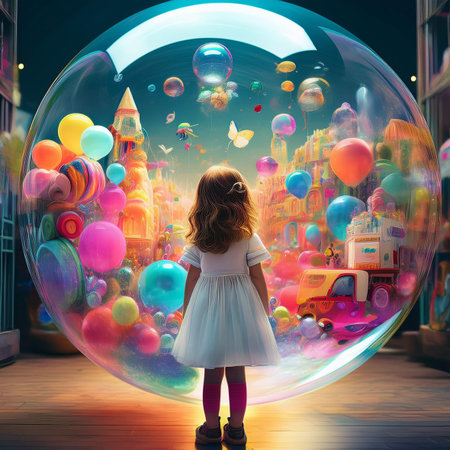 Little girl in a white dress stands in a large glass ball with colorful balloons.の素材