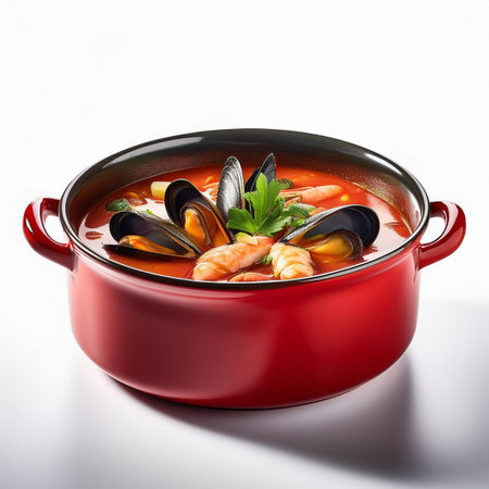 Seafood soup with shrimps and mussels in red saucepanの素材