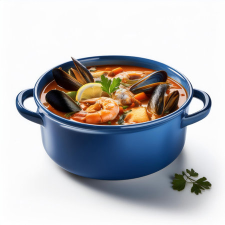 Seafood soup in blue bowl isolated on white background with clipping pathの素材