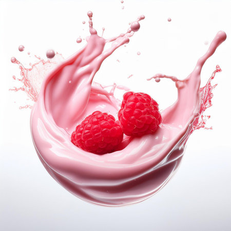 Raspberry milk splash isolated on white background. 3d rendering.の素材