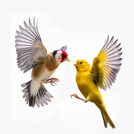 Goldfinch and Red-breasted Goldfinch on white backgroundの素材