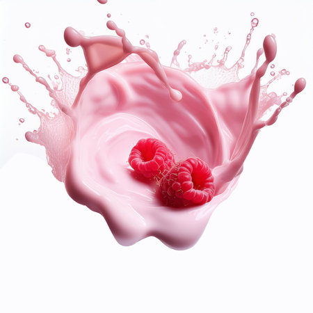 Milk splash with raspberries isolated on white background. 3d illustrationの素材