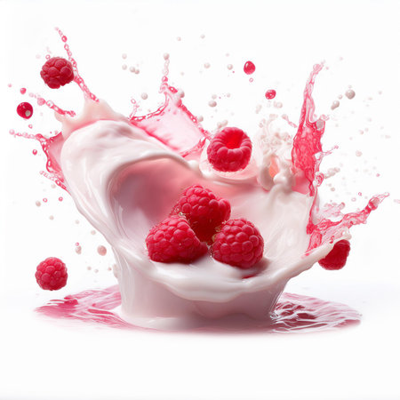 Milk splash with raspberries isolated on a white background.の素材