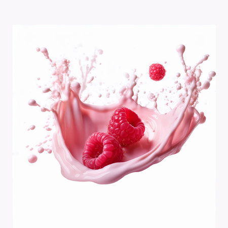 Raspberry milk splash, isolated on white background. 3d illustrationの素材