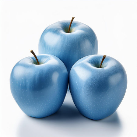 Three blue apples on a white background. 3d render. Isolatedの素材