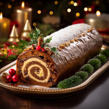 Christmas swiss roll cake with chocolate glaze and christmas decorationの素材