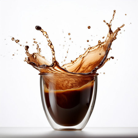 Coffee splashing out of a glass isolated on white backgroundの素材