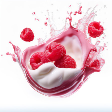 Milk splash with raspberries isolated on a white background.の素材