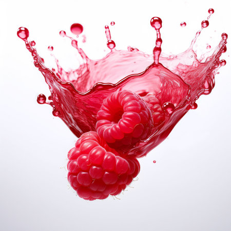 Raspberry splashing into a glass of juice. 3d renderingの素材