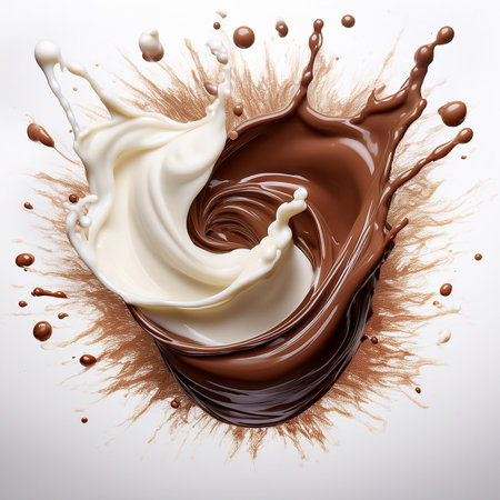 Splash of chocolate and milk on a white background. 3d renderingの素材
