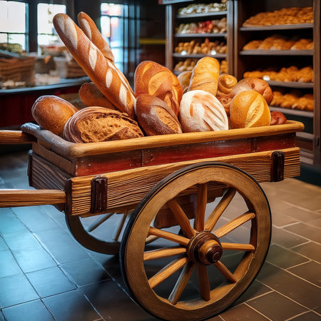 Bread in a wooden cart in a bakery. Bakery concept.の素材