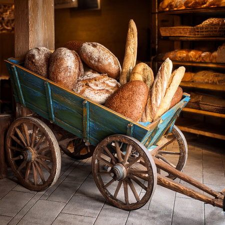 Variety of baked bread in a wooden cart at a bakery.の素材
