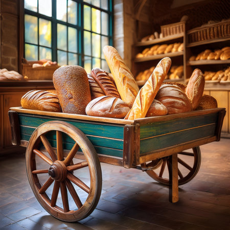 Variety of baked bread in wooden cart. Bakery background.の素材