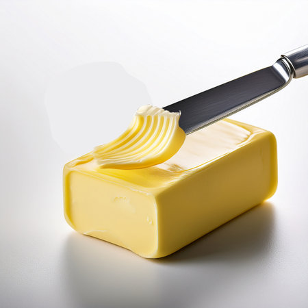 Butter on a white background with a knife and a piece of butterの素材