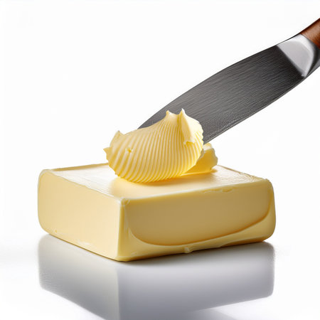 Butter isolated on a white background with a knife and a piece of butterの素材
