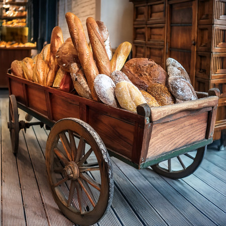 Variety of bread in a wooden cart on a wooden background.の素材