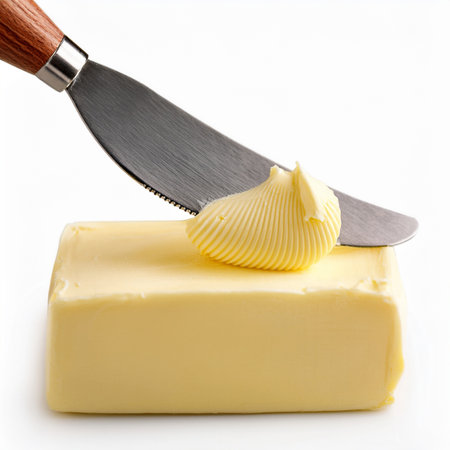 Butter with a knife on a white background, close-upの素材