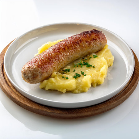 Fried sausage with mashed potatoes on a white plate on a white backgroundの素材
