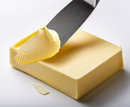 Butter with a knife on a white background, close-upの素材