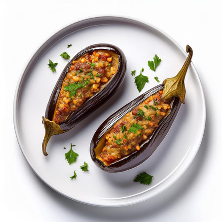 Baked eggplant with lentils and chickpeas on white backgroundの素材