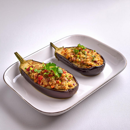 Eggplant stuffed with minced meat and vegetables on a white plateの素材
