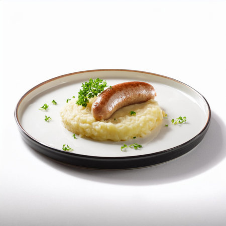 Mashed potatoes with sausages and parsley on white backgroundの素材