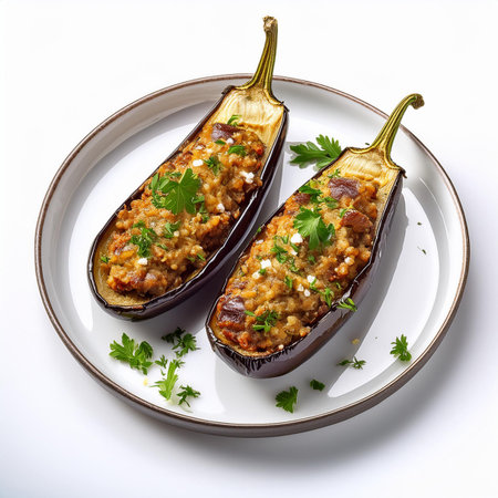 Baked eggplants with meat and vegetables on a white backgroundの素材
