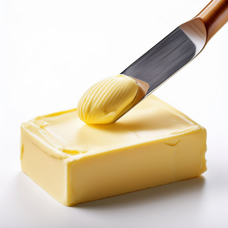 Butter with a knife on a white background. Close-up.の素材