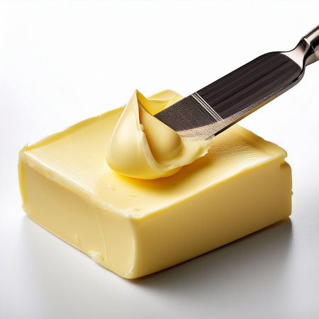 Piece of butter with a knife on a white background, close-upの素材