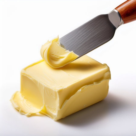Butter with a knife on a white background, close-upの素材
