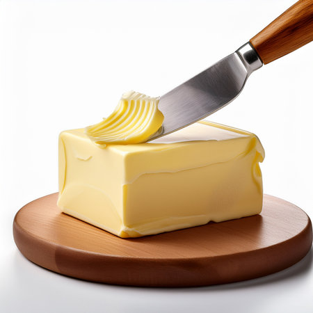 Butter with a knife on a wooden board on a white backgroundの素材