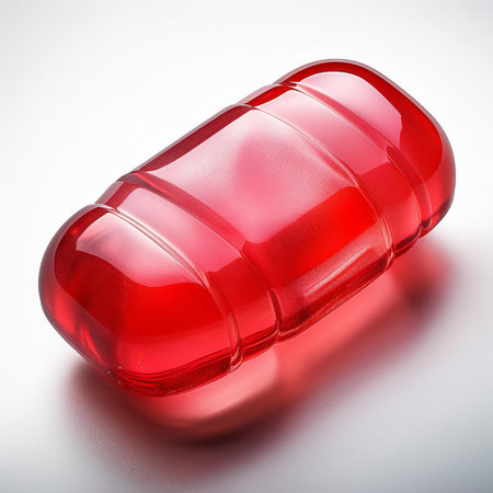 3D rendering of a red pill on a white reflective background.の素材