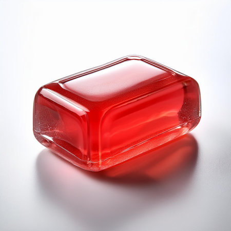 Red ice cube isolated on white background. 3d illustration. Top view.の素材