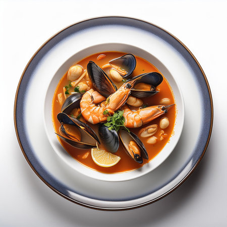 Seafood soup with shrimps, mussels and white beans in tomato sauceの素材