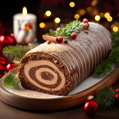 Christmas swiss roll cake with chocolate and nuts on a wooden backgroundの素材