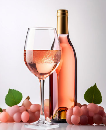 bottle and glass of pink rose wine with grapes on white backgroundの素材