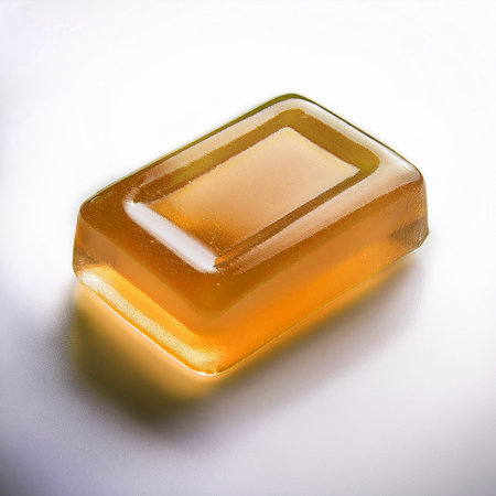Close up of a cube of yellow gelatin on a white background.の素材