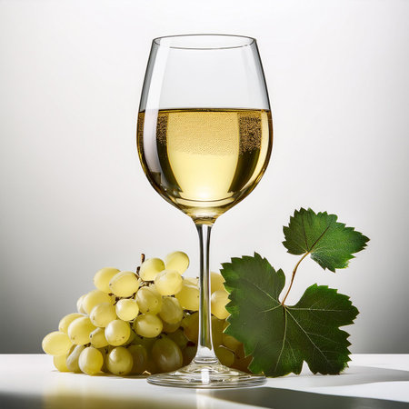 Glass of white wine with bunch of grapes and green leaves on gray backgroundの素材