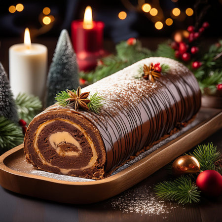 Chocolate roll cake with cream and chocolate glaze on wooden backgroundの素材