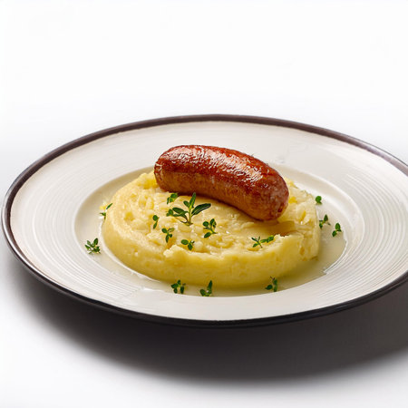 Mashed potatoes with sausage on a plate isolated on white background.の素材