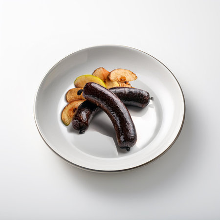 Grilled sausages with apple slices on a white plate.の素材
