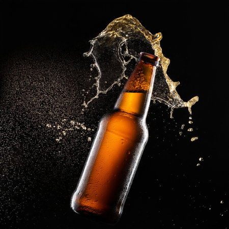 Bottle of beer with splashes and drops on a black backgroundの素材